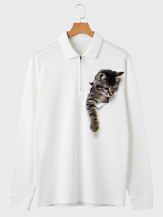 Men's cat print long sleeve polo shirt front view