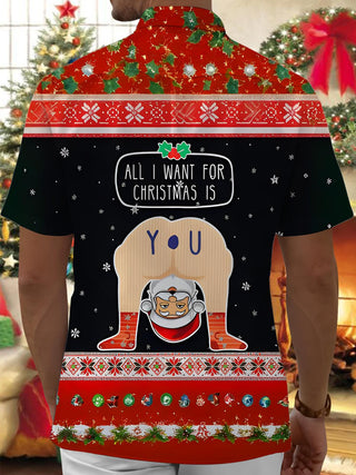 Men's back view short sleeve Santa Claus snowflake print shirt