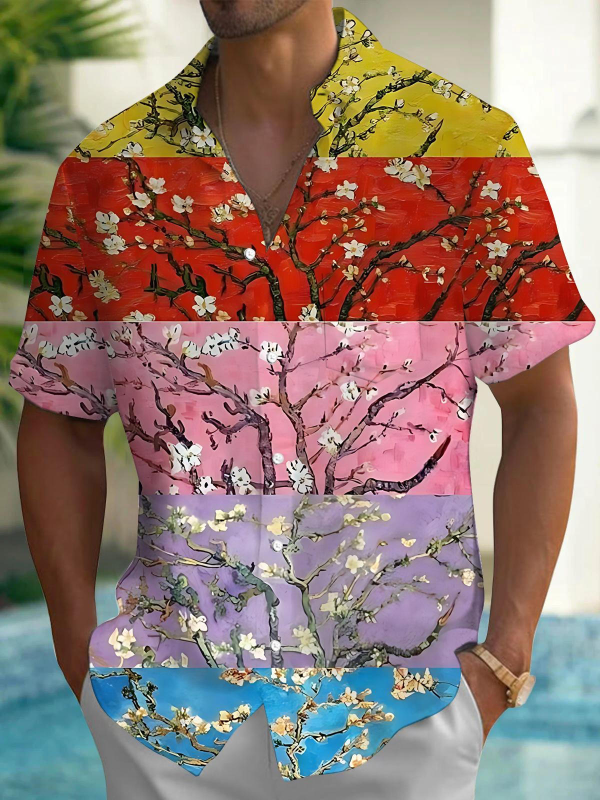 Apricot Blossom Print Men's Pocket Short Sleeve Shirts