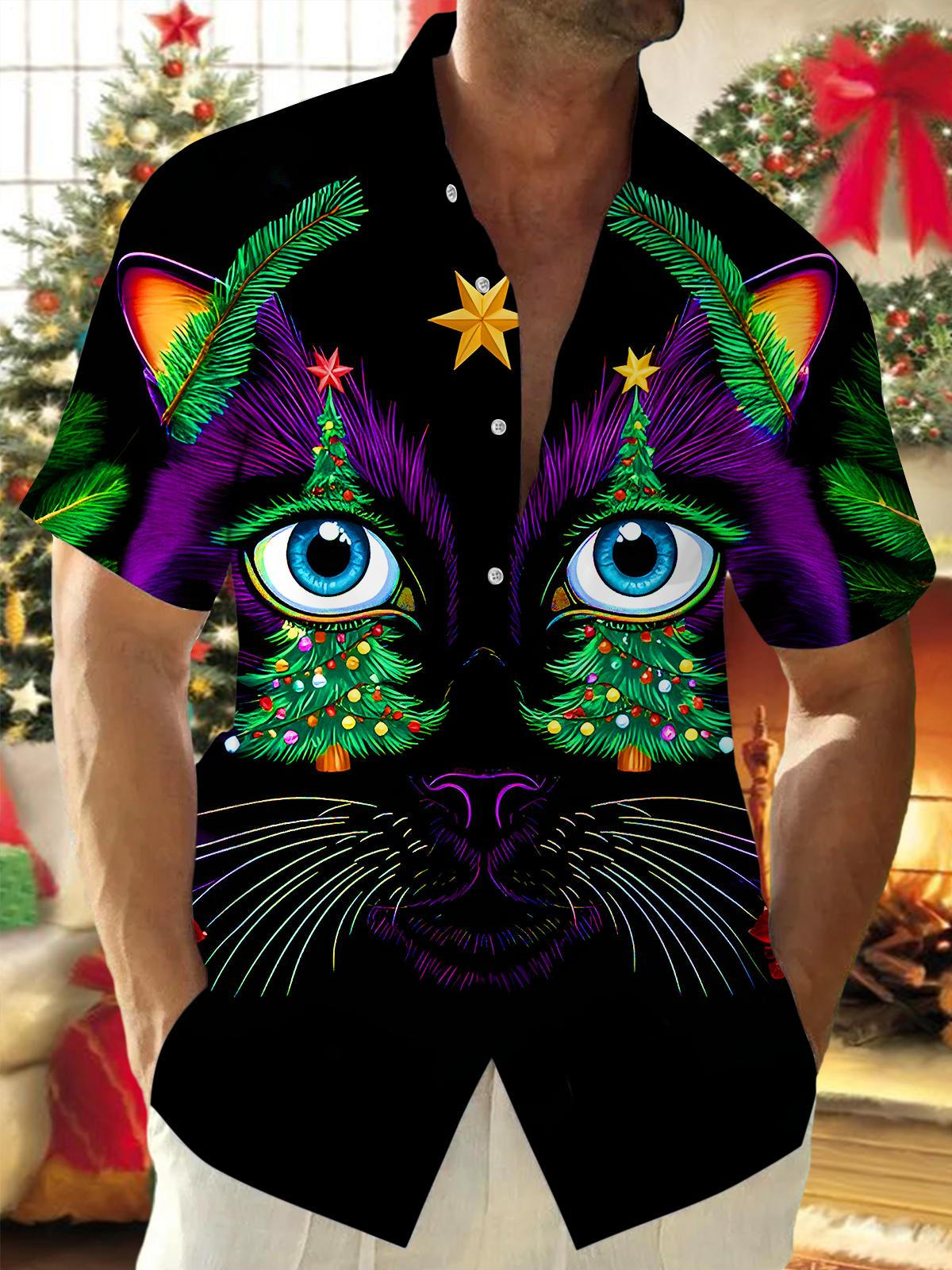 Fun Christmas Tree Cat Eyes Xmas Men's Pocket Short Sleeve Shirts