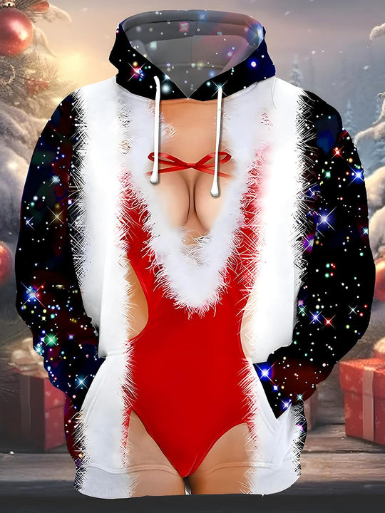 Men's funny graphic long sleeve pullover hoodie front view for Christmas holiday party
