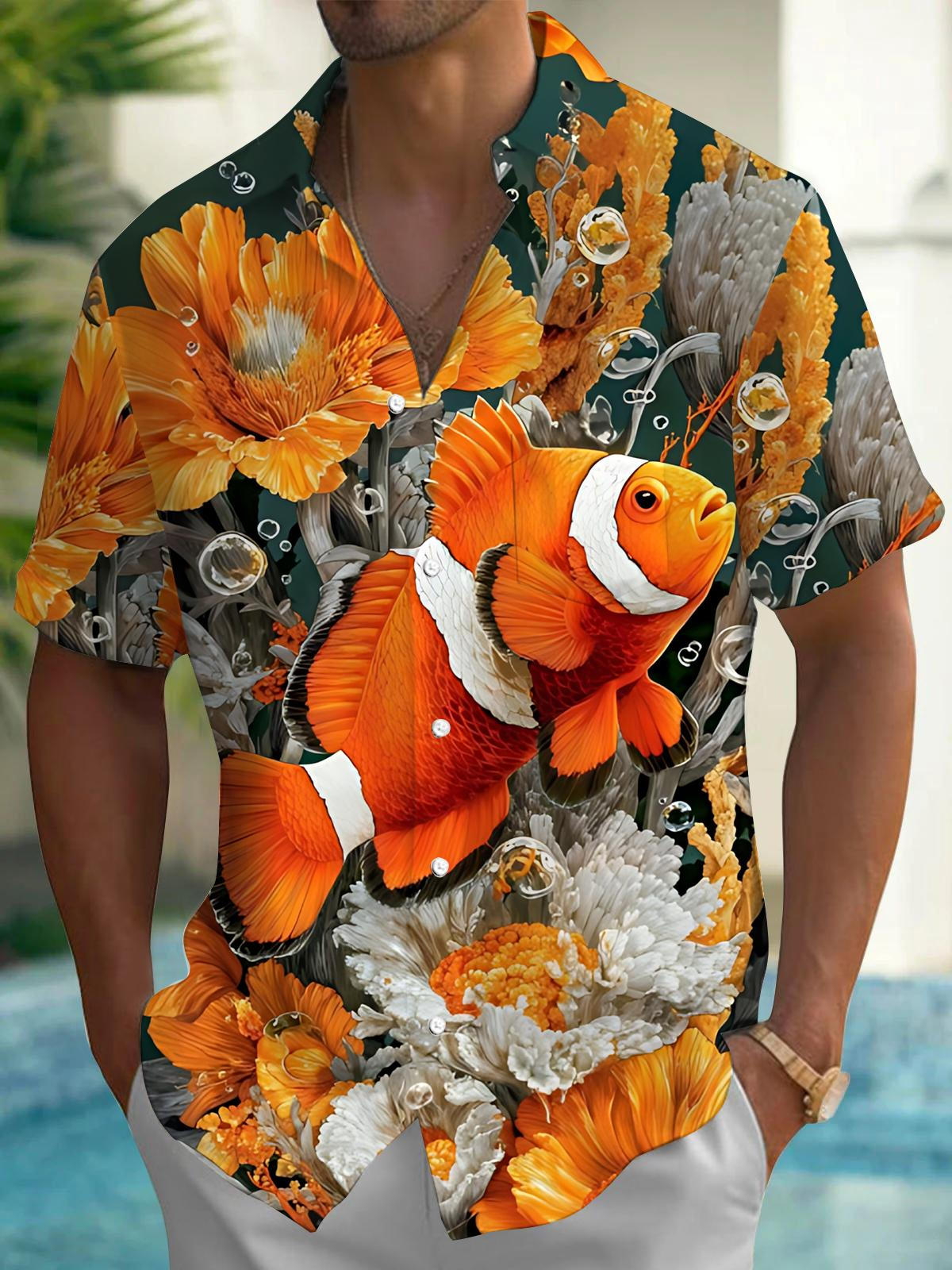 Clownfish Print Men's Pocket Short Sleeve Shirts