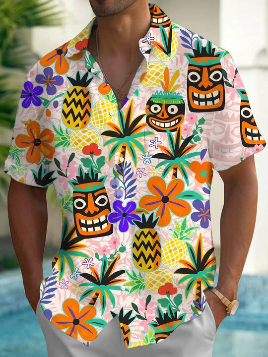 Hawaiian Tiki Print Men's Pocket Short Sleeve Shirts