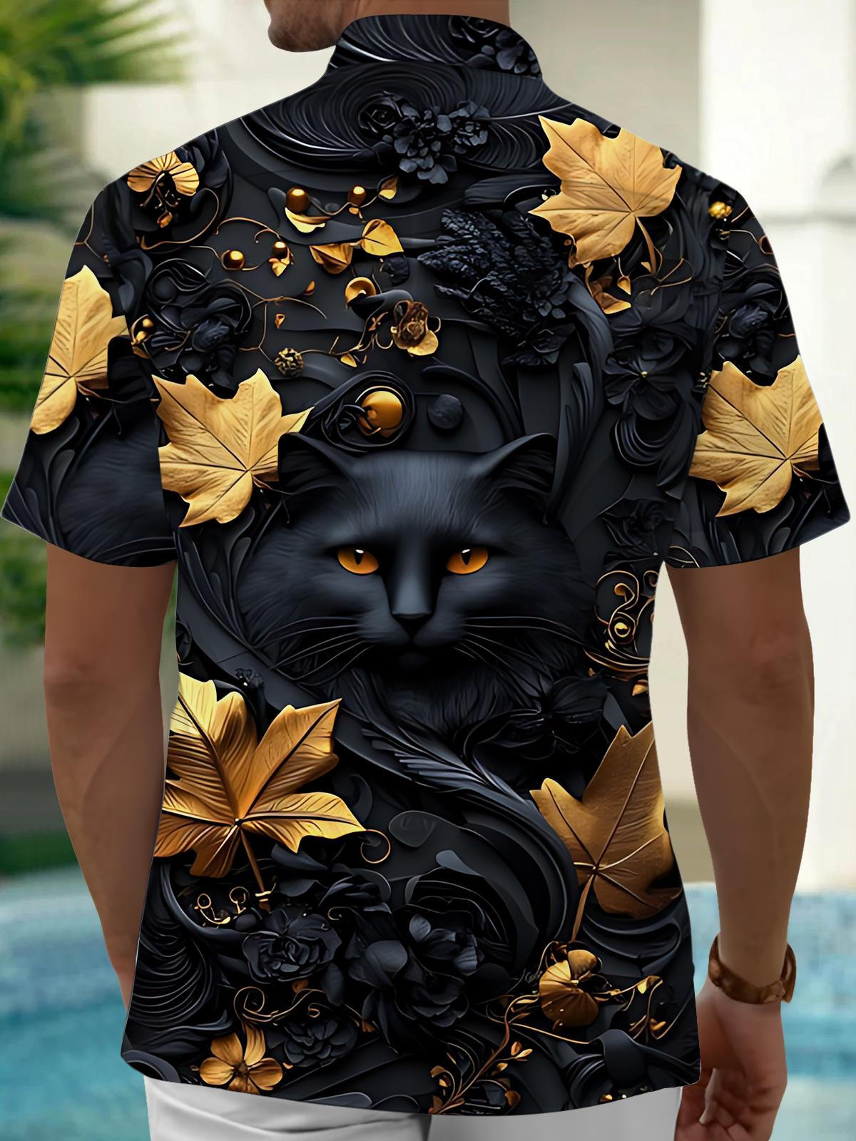 Black Cat Maple Leaf Print Men's Pocket Short Sleeve Shirts