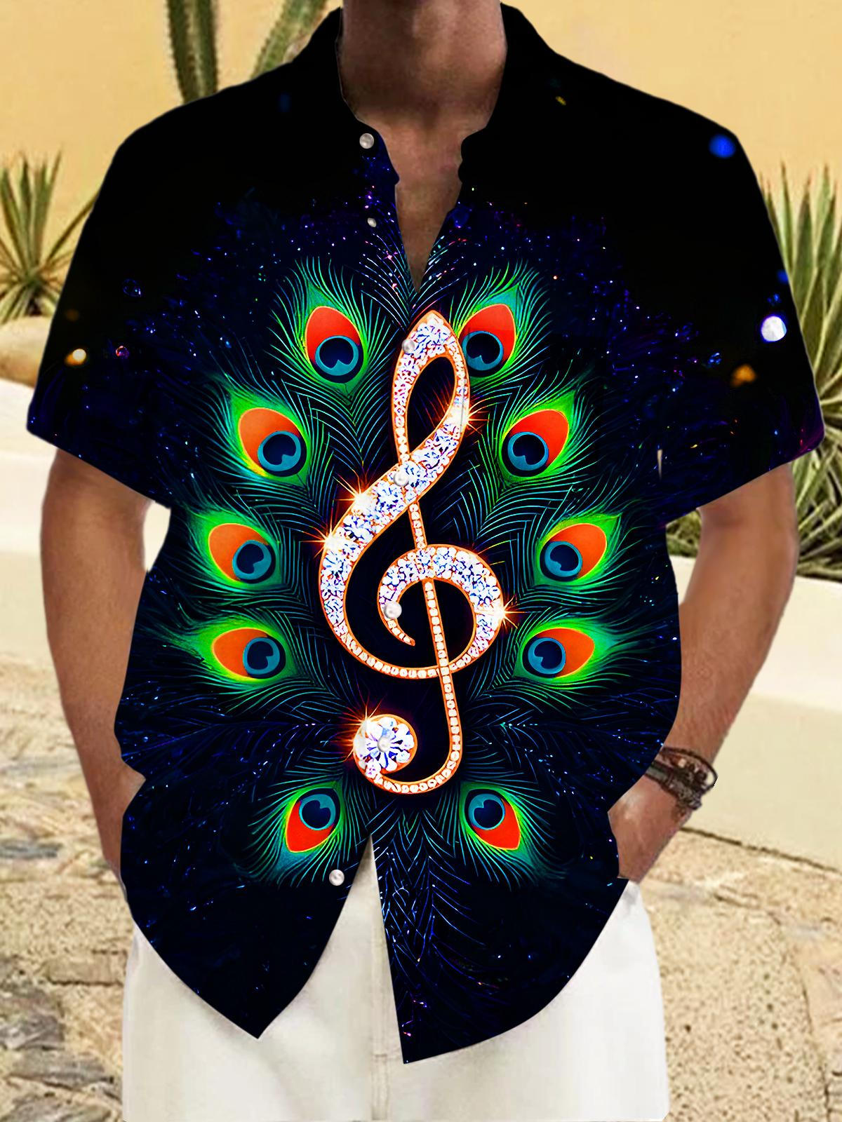 Shining Peacock Feathers Music Notes Men's Pocket Short Sleeve Shirts