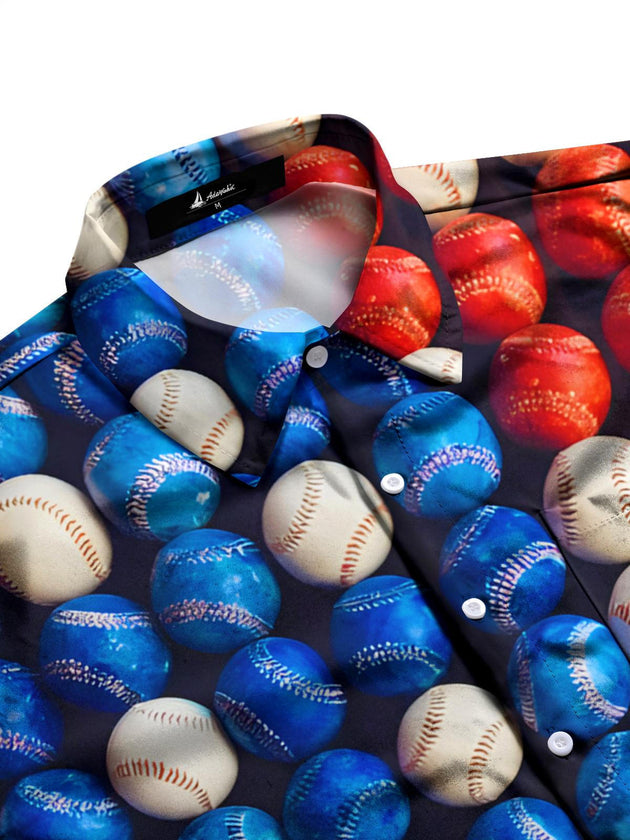 Men's patriotic short sleeve shirt with American flag print, side view showing sports-inspired design.