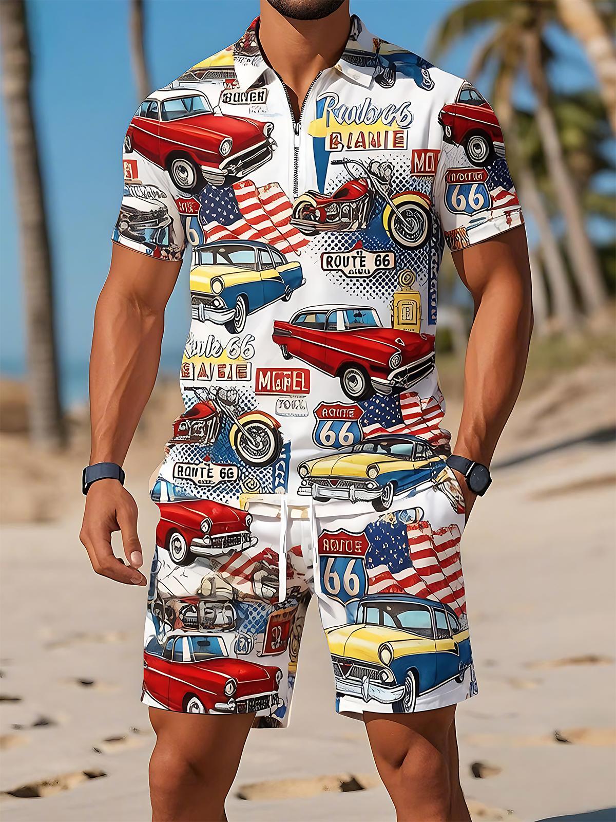 Independence Day Route 66 Vintage Classic Car American Motorcycle Men's Short Sleeve Zipper Polo