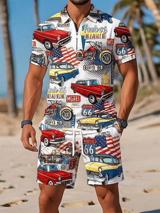 Independence Day Route 66 Vintage Classic Car American Motorcycle Men's Short Sleeve Zipper Polo