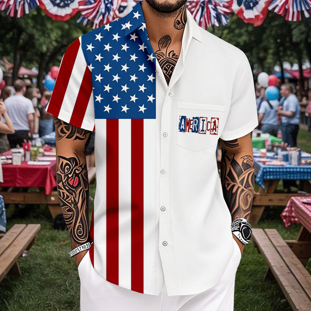Hawaiian American Flag Shirt Stars and Stripes Patriotic Button Down Shirts Casual Resort Wear for Daily Wear imaginative