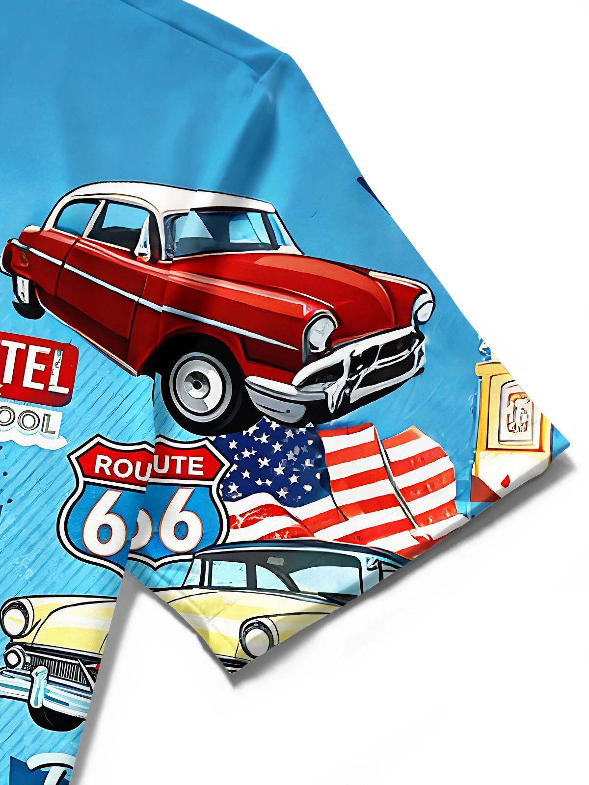 Route 66 Vintage Car American Flag Independence Day Men's Pocket Short Sleeve Shirts