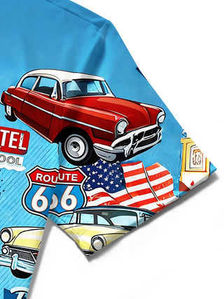 Route 66 Vintage Car American Flag Independence Day Men's Pocket Short Sleeve Shirts