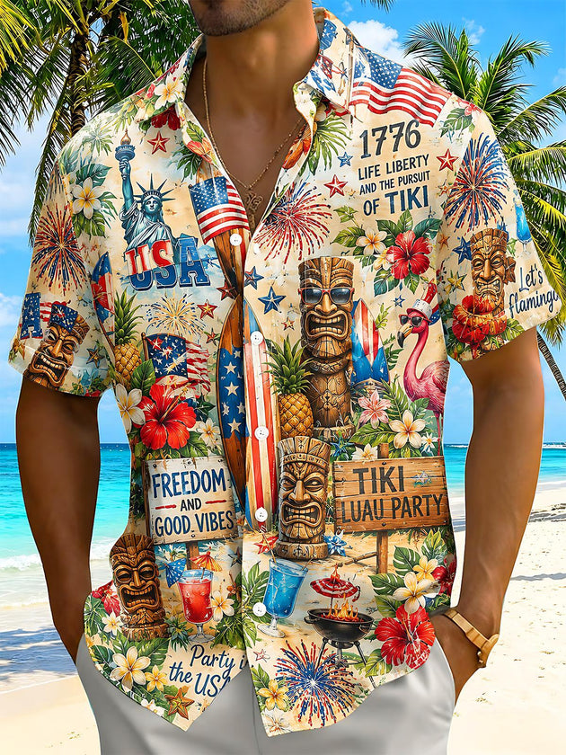 Fun Independence Day American Patriotic Tiki Mask Tropical Flower Flag Firework Men's Pocket Short Sleeve Shirts
