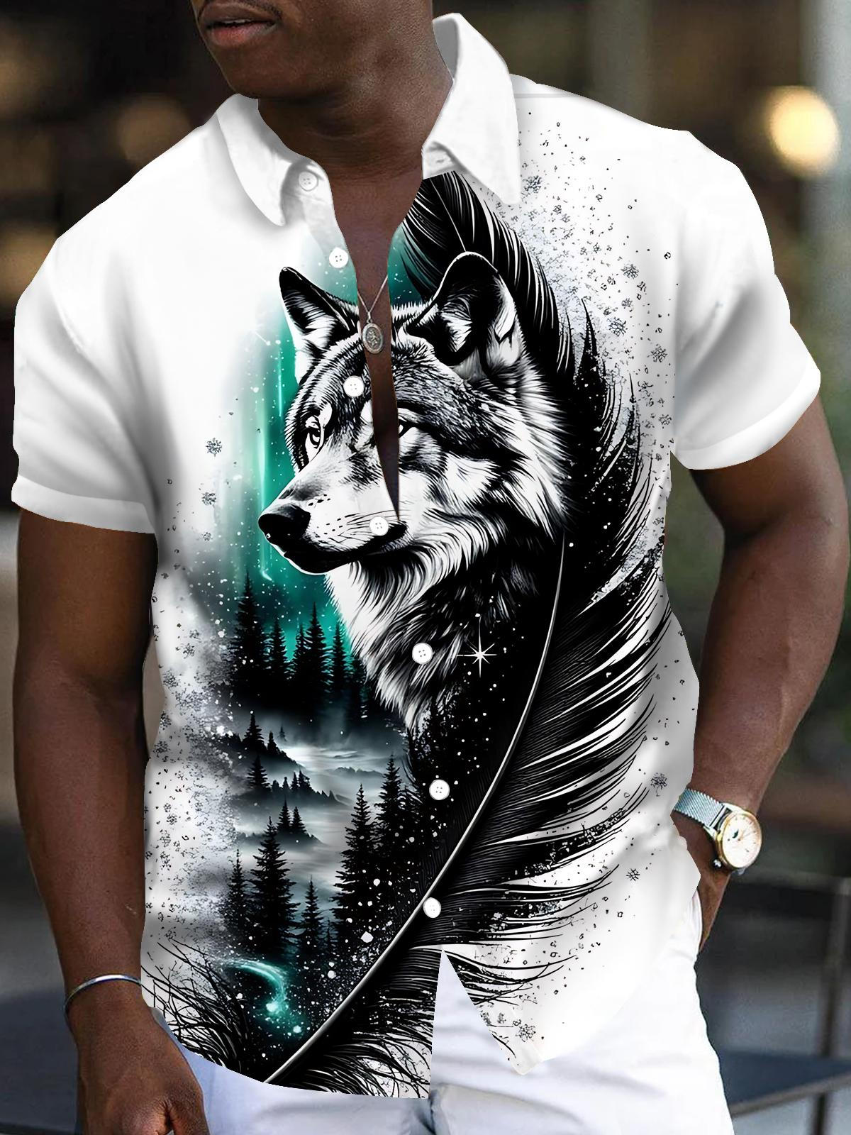 Wolf Feather Snowflake Print Men's Pocket Short Sleeve Shirts