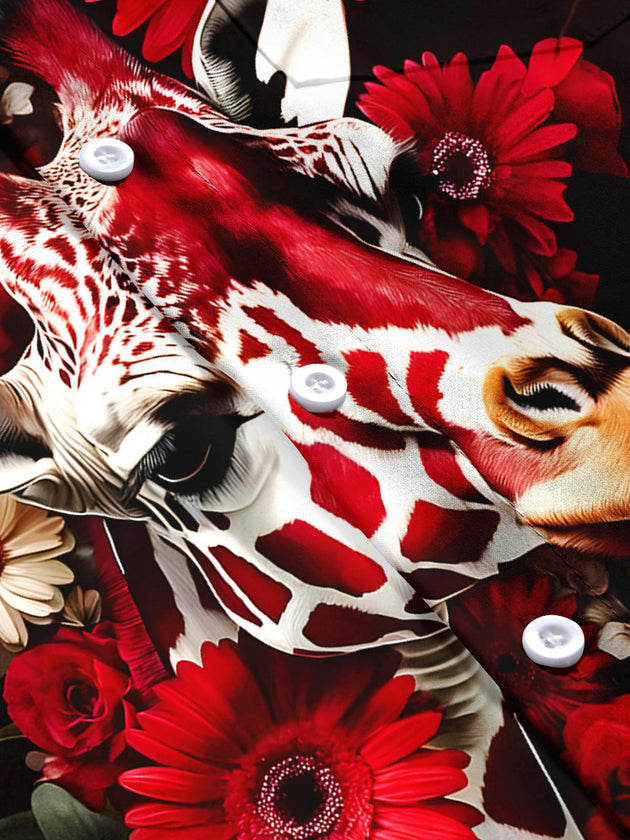Men's giraffe floral short sleeve shirt flat lay pattern detail