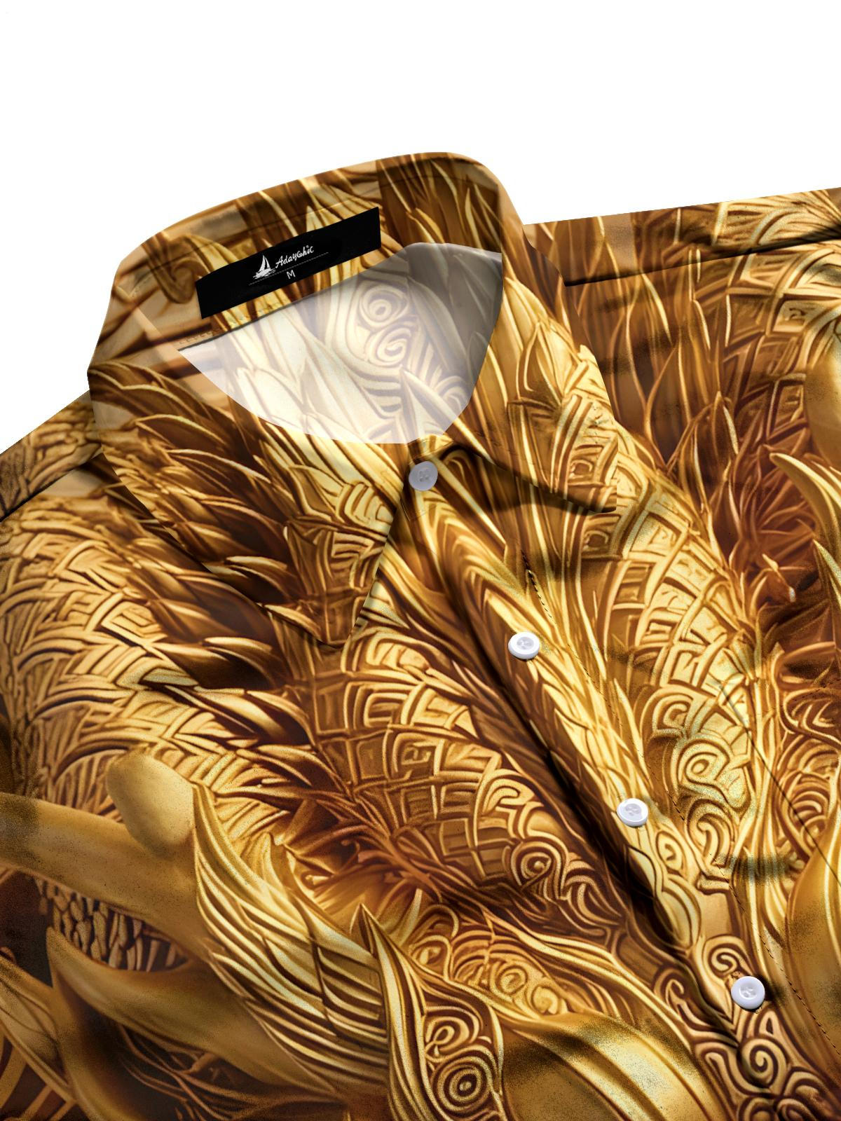 Golden Dragon Print Men's Pocket Short Sleeve Shirts