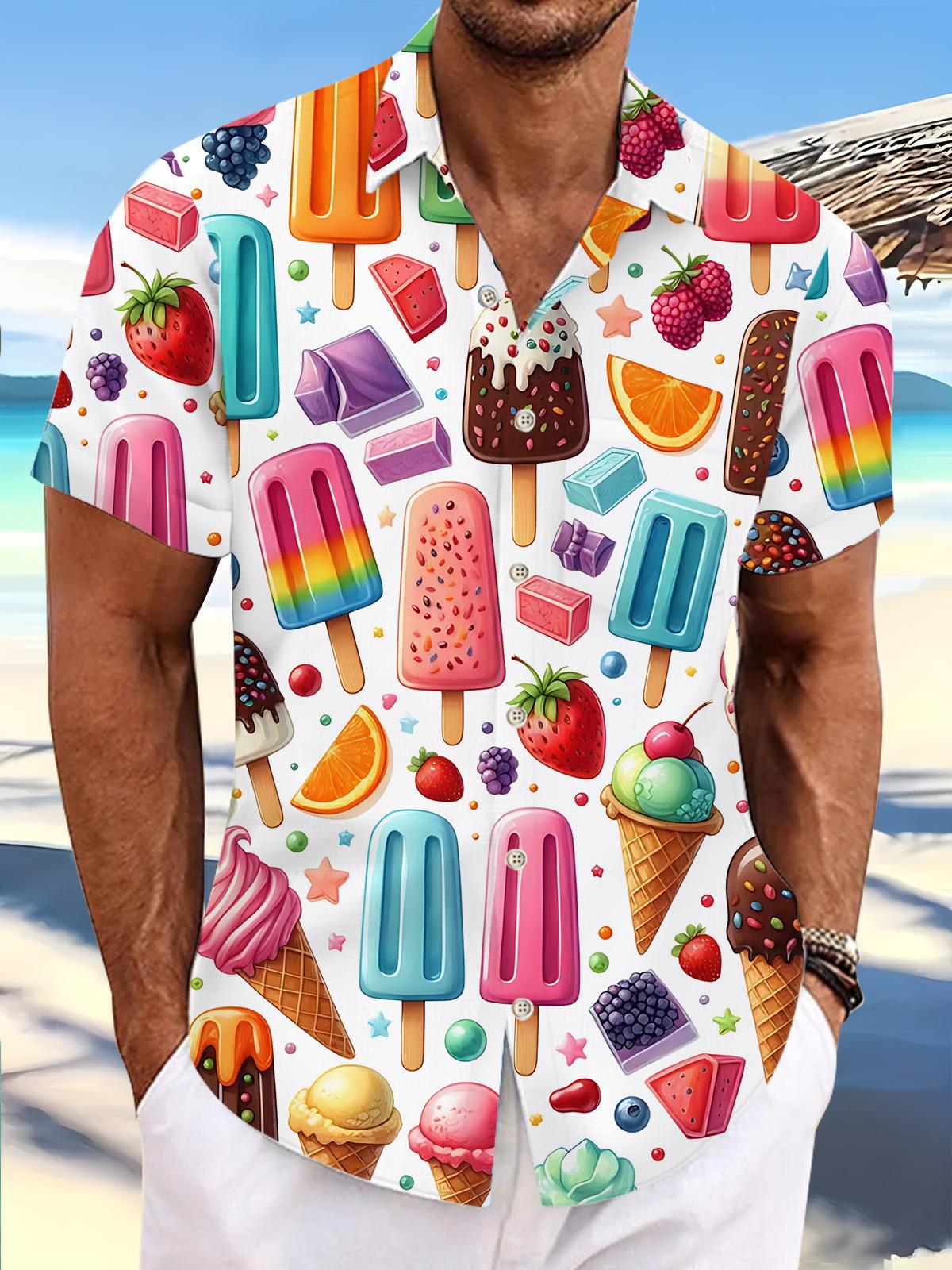 Hawaiian Ice Cream Print Men's Pocket Short Sleeve Shirts