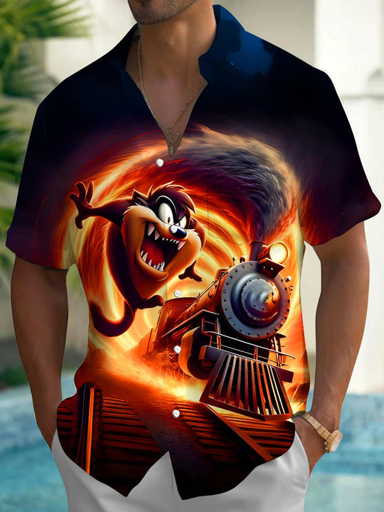 Men's short sleeve Halloween shirt with dark monster train print front view costume
