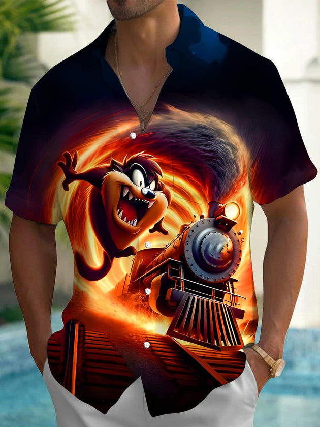 Men's short sleeve Halloween shirt with dark monster train print front view costume