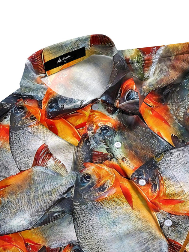 Men's blue fish print short sleeve shirt side view