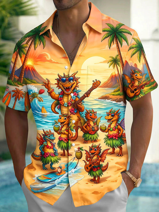 Fun Hawaiian Beach Hula Dragon Playing Guitar Men's Pocket Short Sleeve Shirts