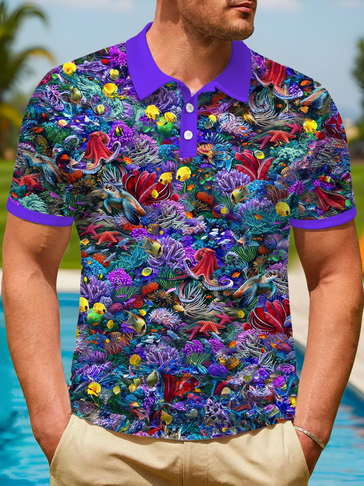 Marine Life Print Men's Short Sleeve Button Polo Shirt