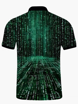 Men's code print short sleeve button polo shirt back view