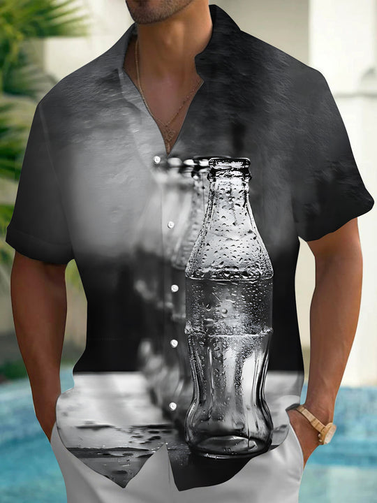 Men's blue bottle print short sleeve shirt front view