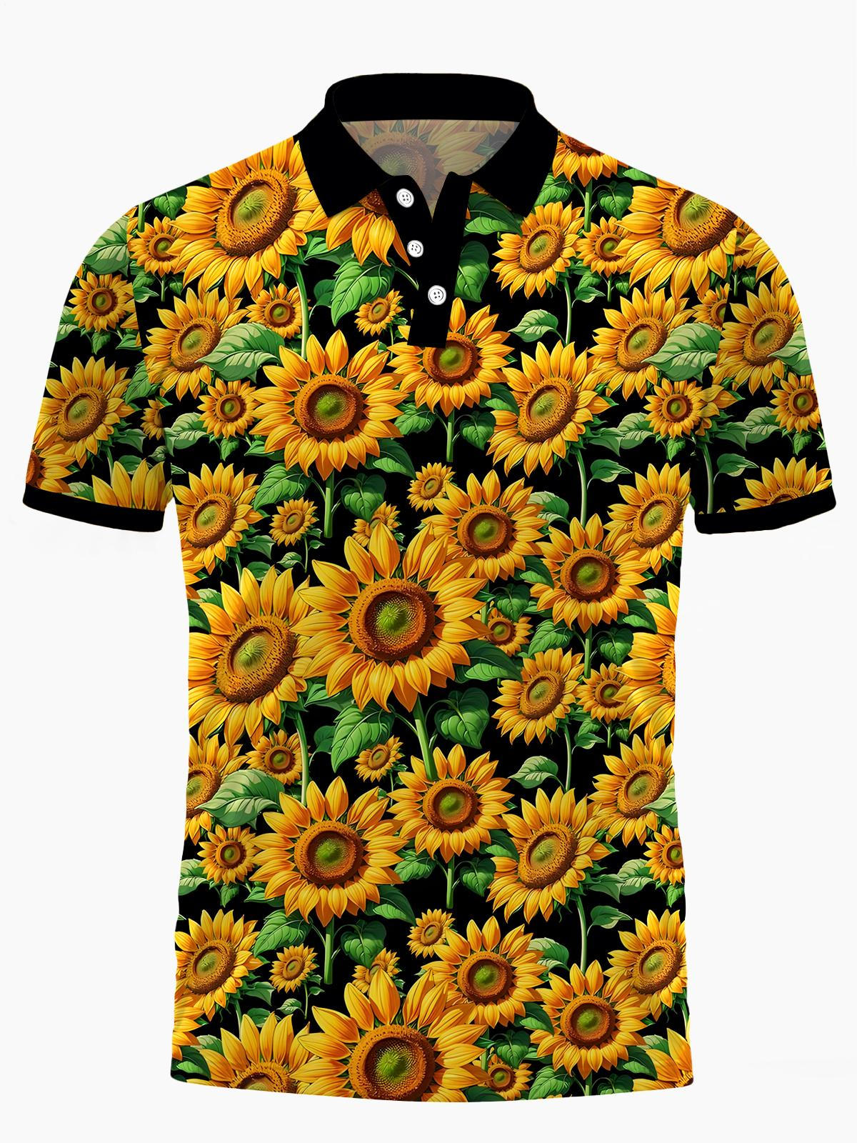Sunflower Print Men's Short Sleeve Button Polo Shirt