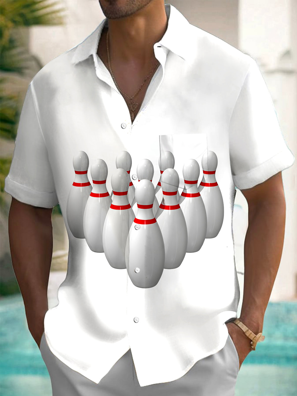 Bowling Print Men's Pocket Short Sleeve Shirts