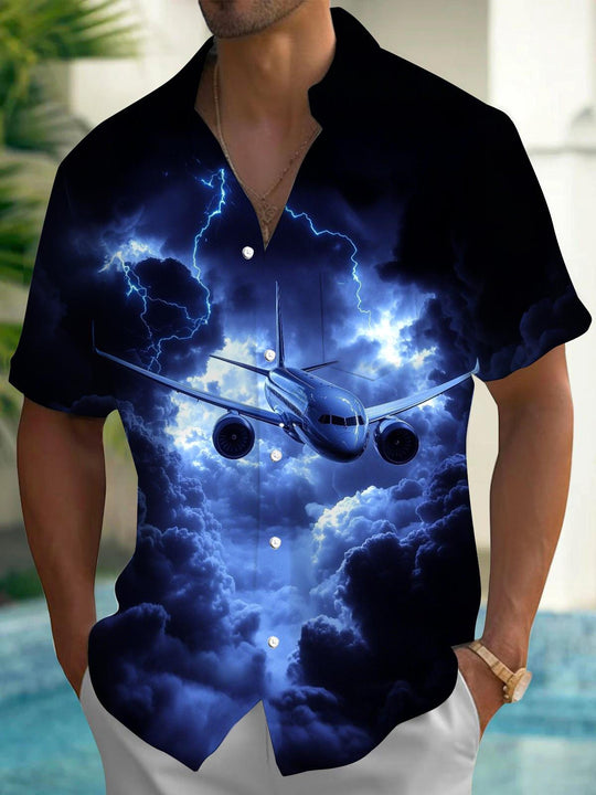 Men's airplane print pocket short sleeve shirt front view