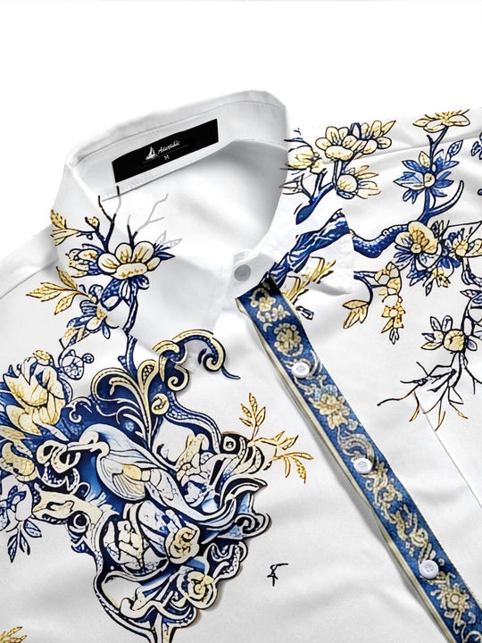 Art Landscape Blue And White Porcelain Mountains Flowers And Birds Men's Pocket Short Sleeve Shirts
