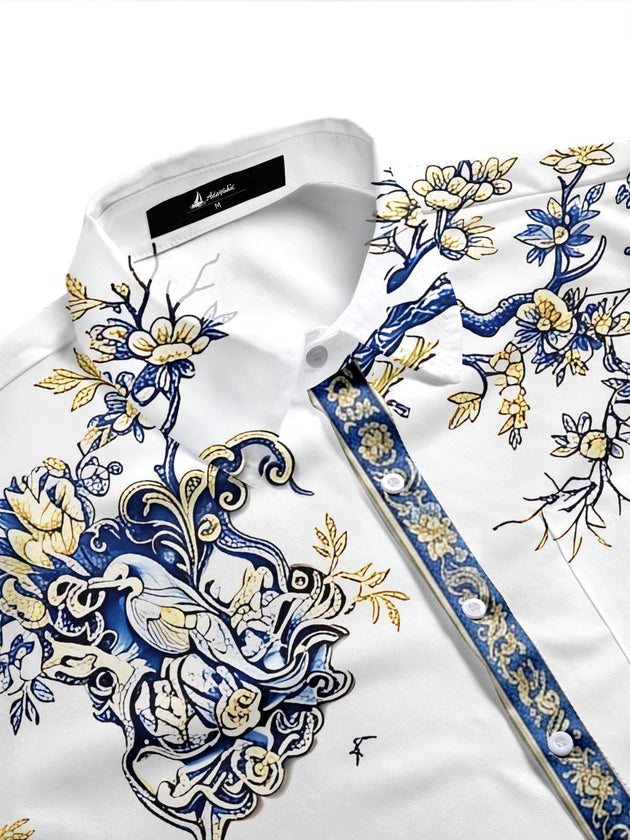Art Landscape Blue And White Porcelain Mountains Flowers And Birds Men's Pocket Short Sleeve Shirts