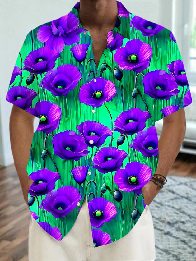 Men's floral short sleeve Hawaiian shirt front view for tropical beach vacation