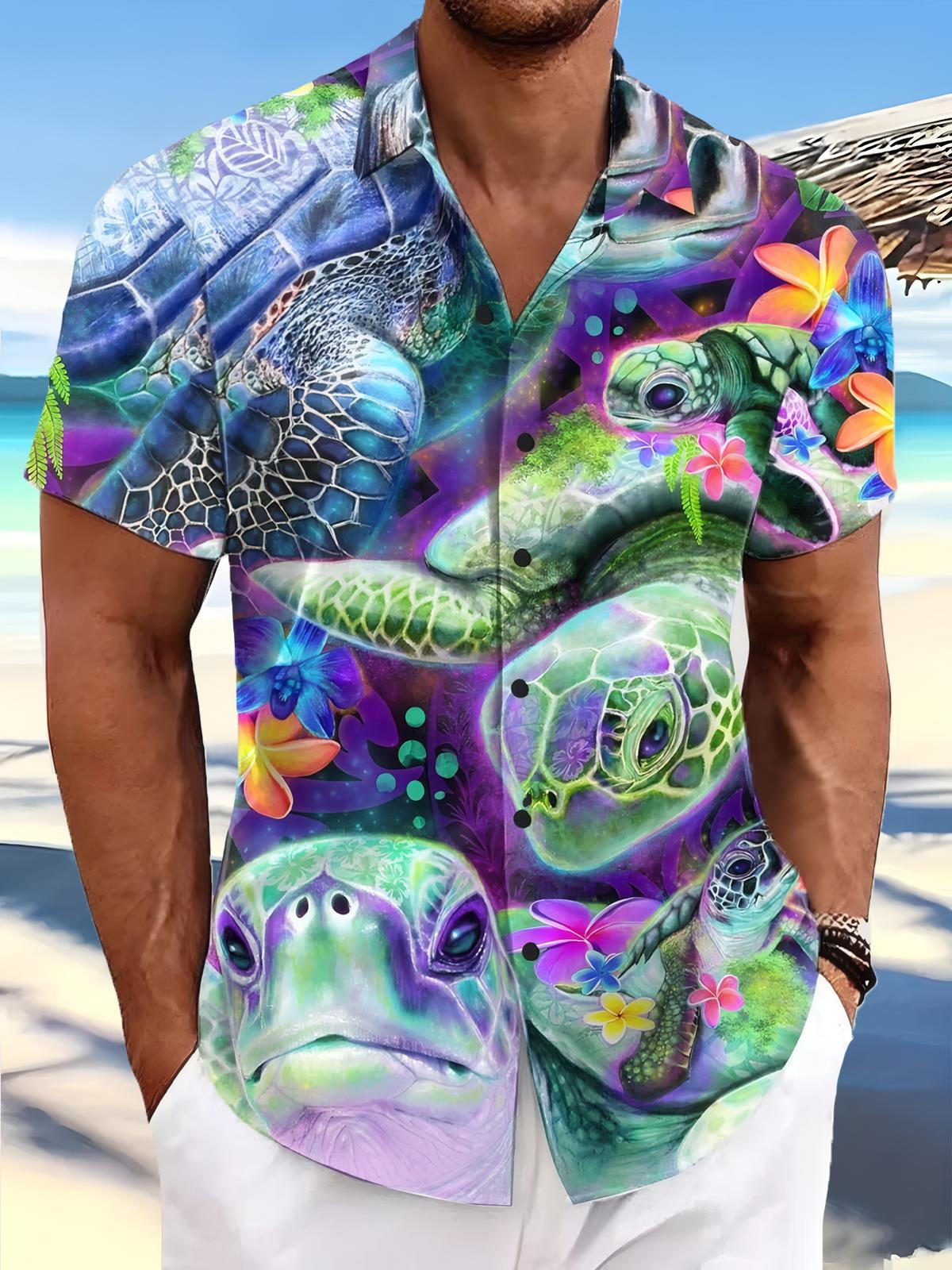 Hawaiian Turtle Print Men's Pocket Short Sleeve Shirts