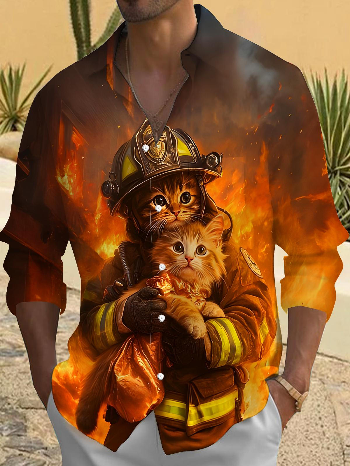 Funny Firefighter Cat Men's Pocket Long Sleeve Shirts