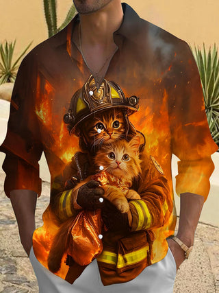 men funny firefighter cat long sleeve shirt front view