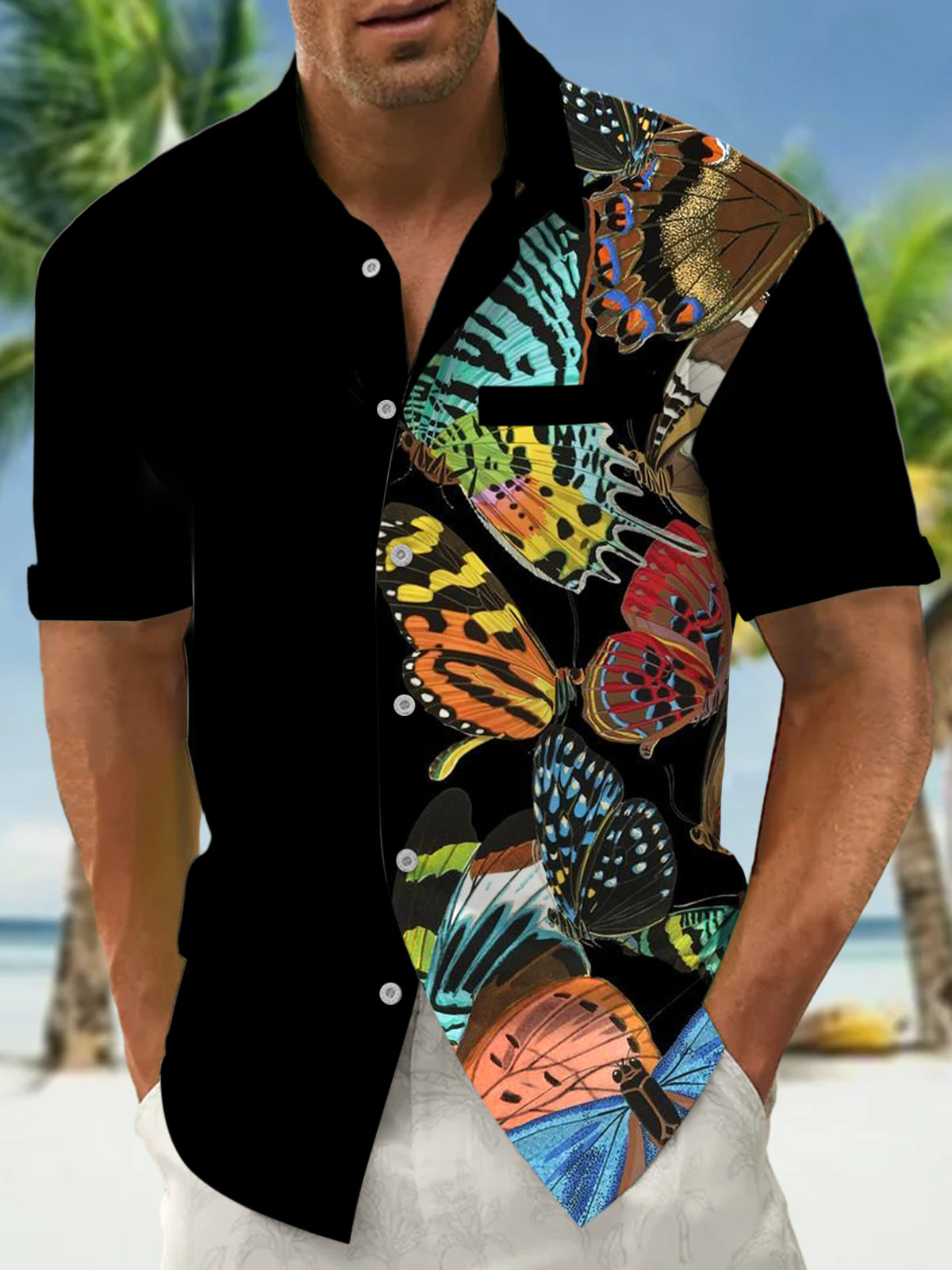 Butterfly Print Men's Pocket Short Sleeve Shirts