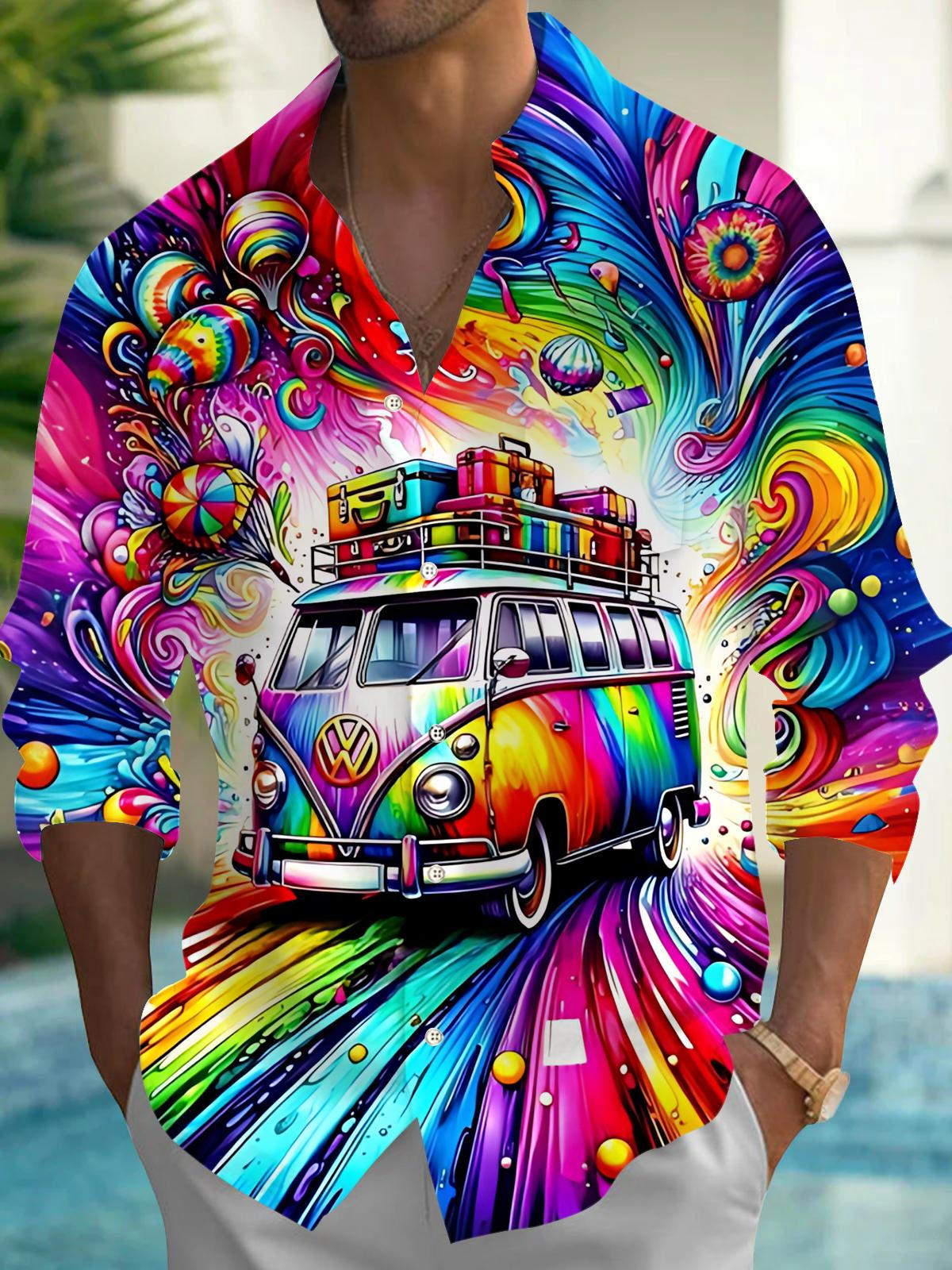 Car Art Print Men's Pocket Long Sleeve Shirts