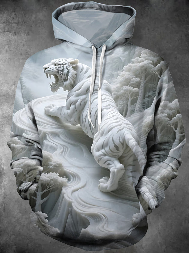 Men's forest tiger art print long sleeve hooded pocket top front view