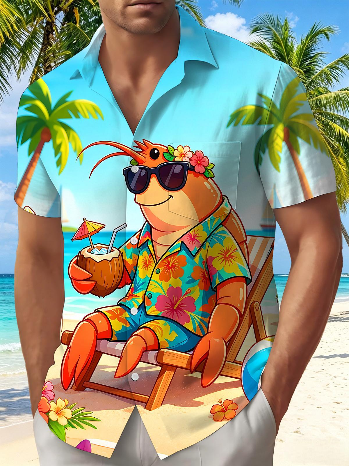 Fun Hawaiian Cartoon Sunglasses Vacation Lobster Beach Men's Pocket Short Sleeve Shirts
