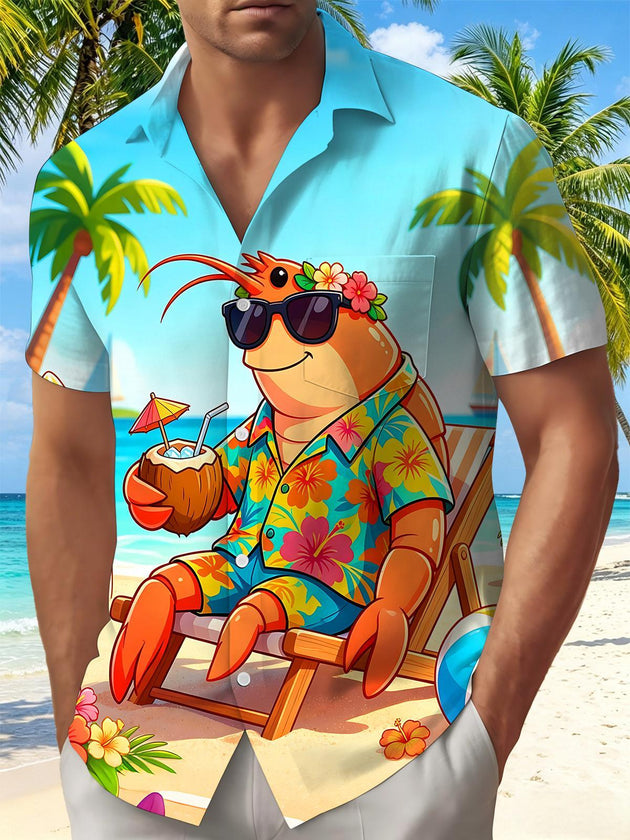 Fun Hawaiian Cartoon Sunglasses Vacation Lobster Beach Men's Pocket Short Sleeve Shirts