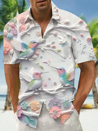 men's bird flower art print short sleeve shirt front view