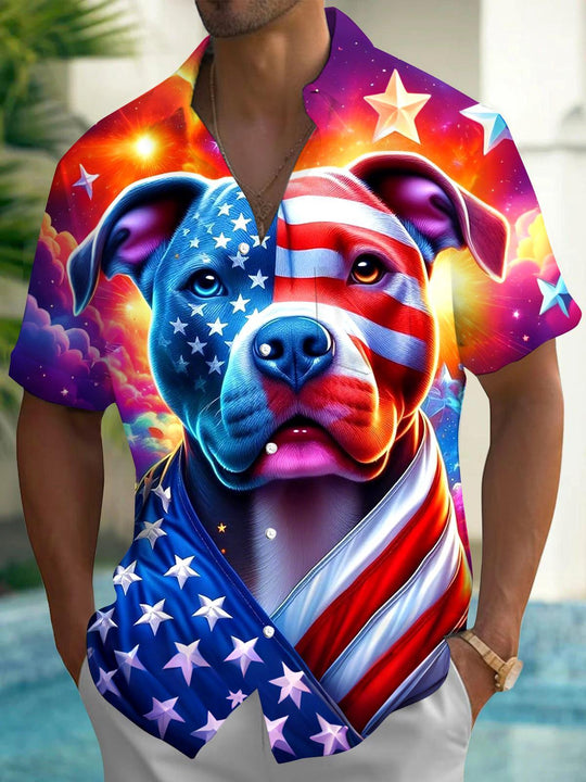 Independence American Flag Dog Men's Pocket Short Sleeve Shirts