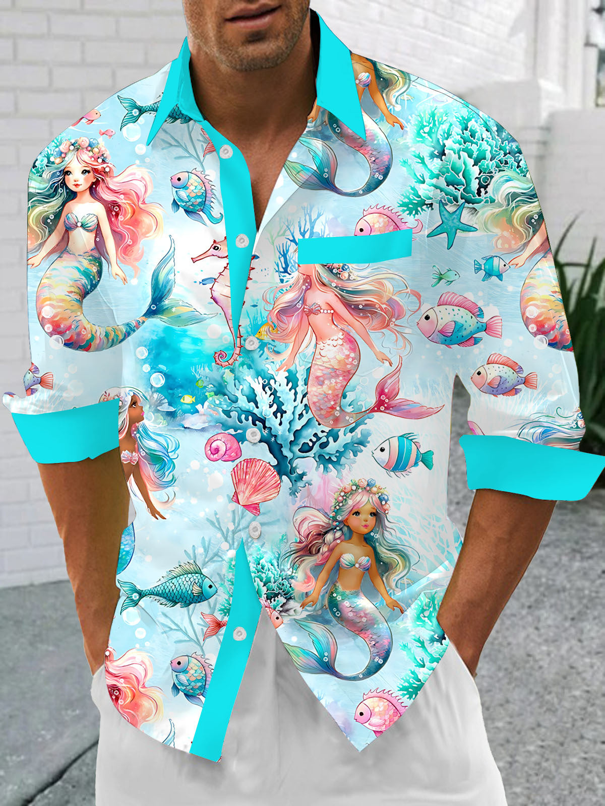 Marine Life Mermaid Print Men's Pocket Long Sleeve Shirts