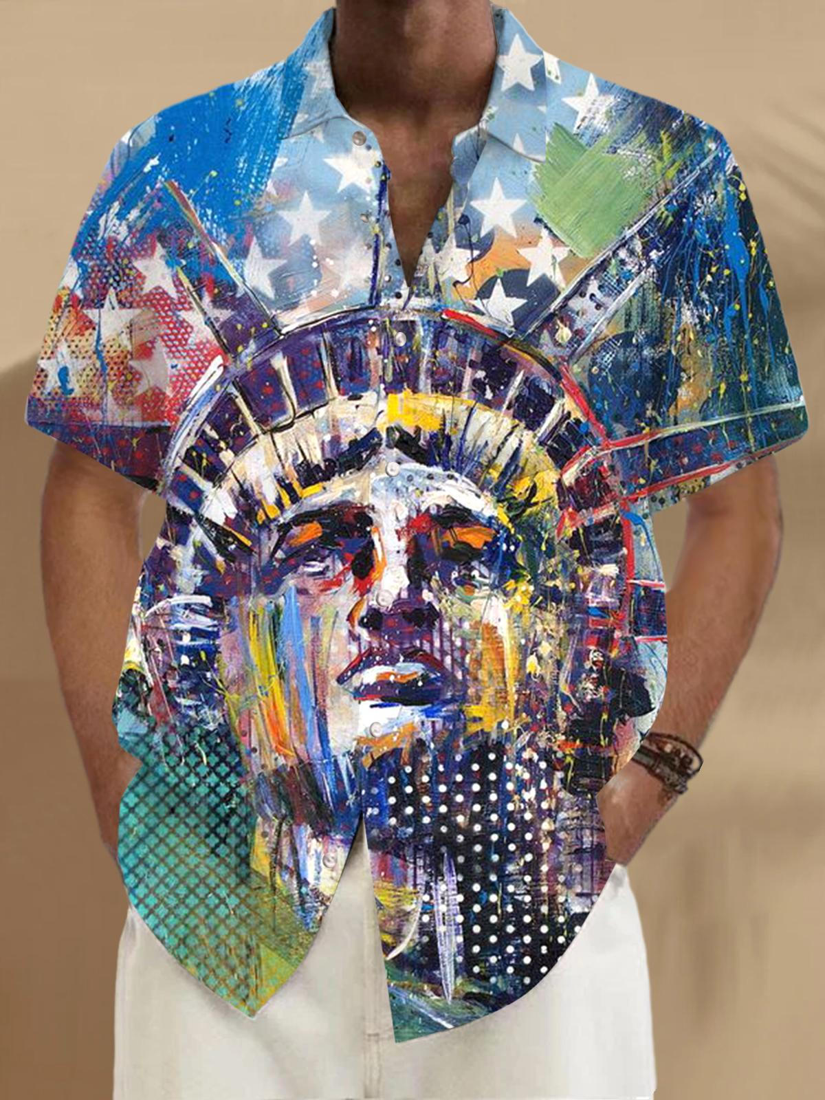 Statue of Liberty American Flag Print Men's Pocket Short Sleeve Shirts