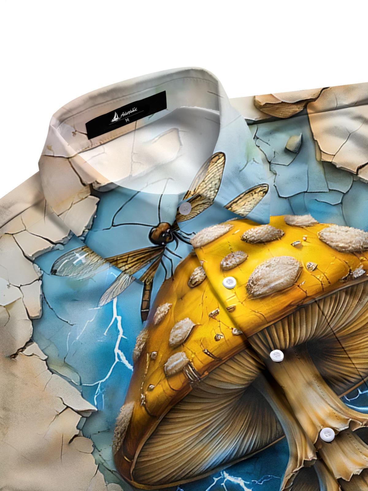 Mushroom Dragonfly Print Men's Pocket Short Sleeve Shirts