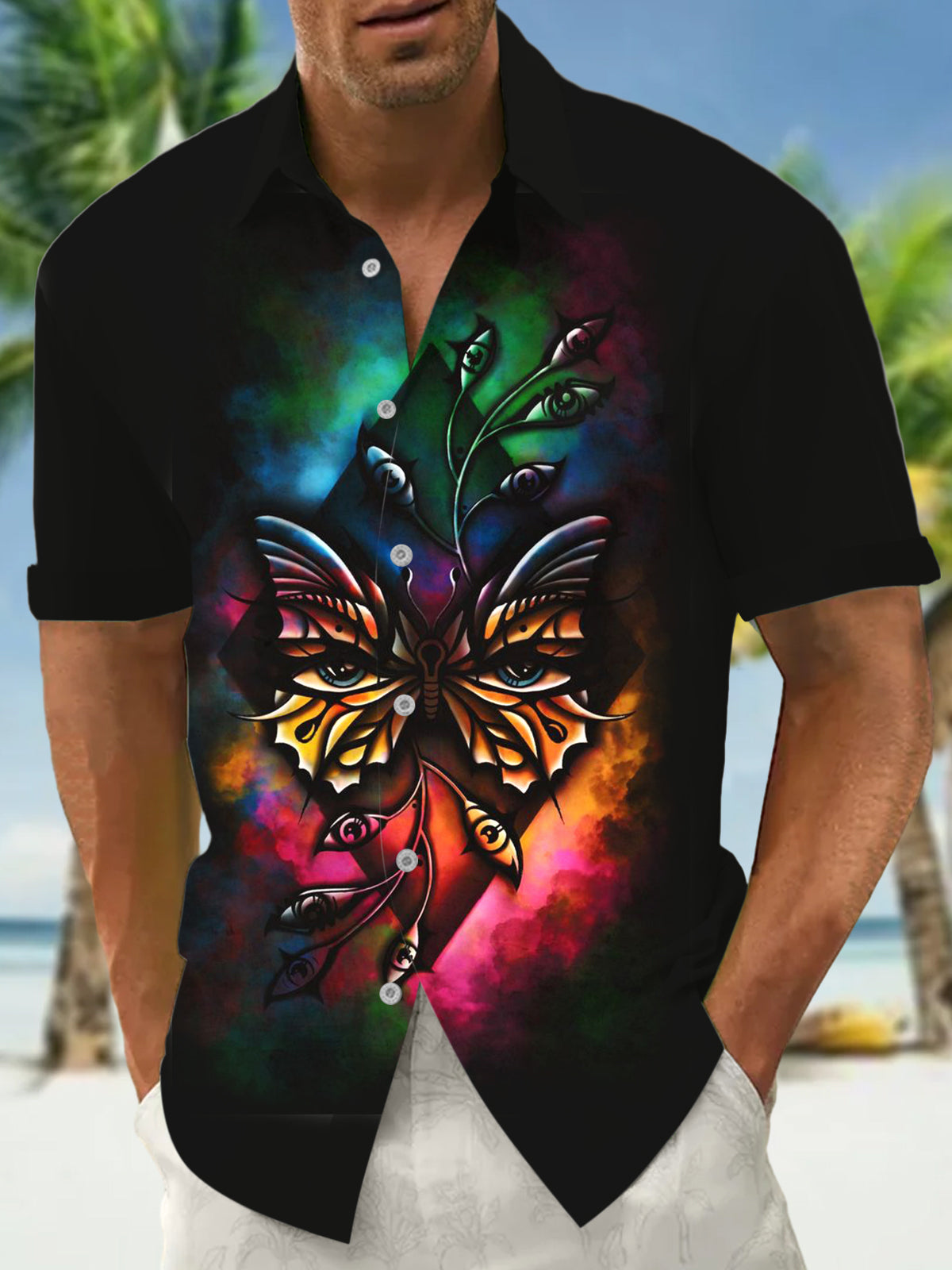 Butterfly Print Men's Pocket Short Sleeve Shirts