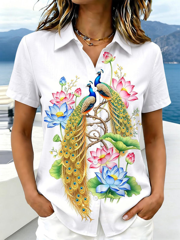 women's peacock print shirt front view