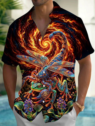 Dark Scorpion Frog Tribe Flame Pattern Men's Pocket Short Sleeve Shirts