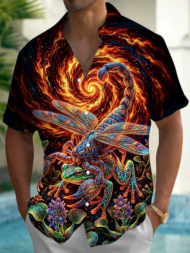 Dark Scorpion Frog Tribe Flame Pattern Men's Pocket Short Sleeve Shirts